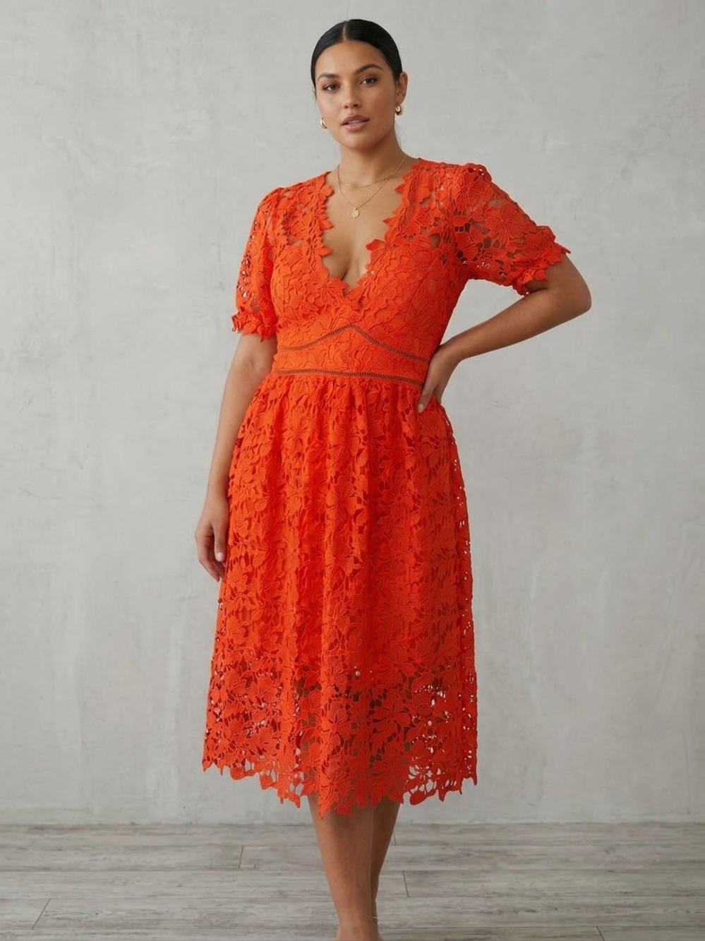 NWT Bardot Grenadine Orange Floral Lace Midi Dress Size 16 - Picture 1 of 9